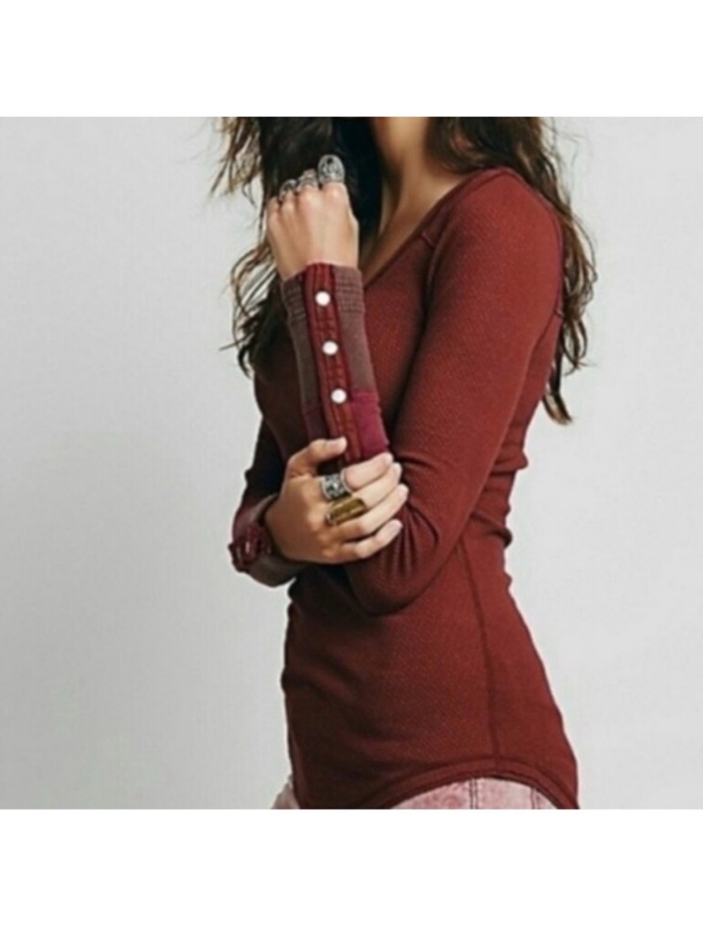 Free People Sunny Days Ribbed Scoop-Neck Long Sleeve Top in Burgundy